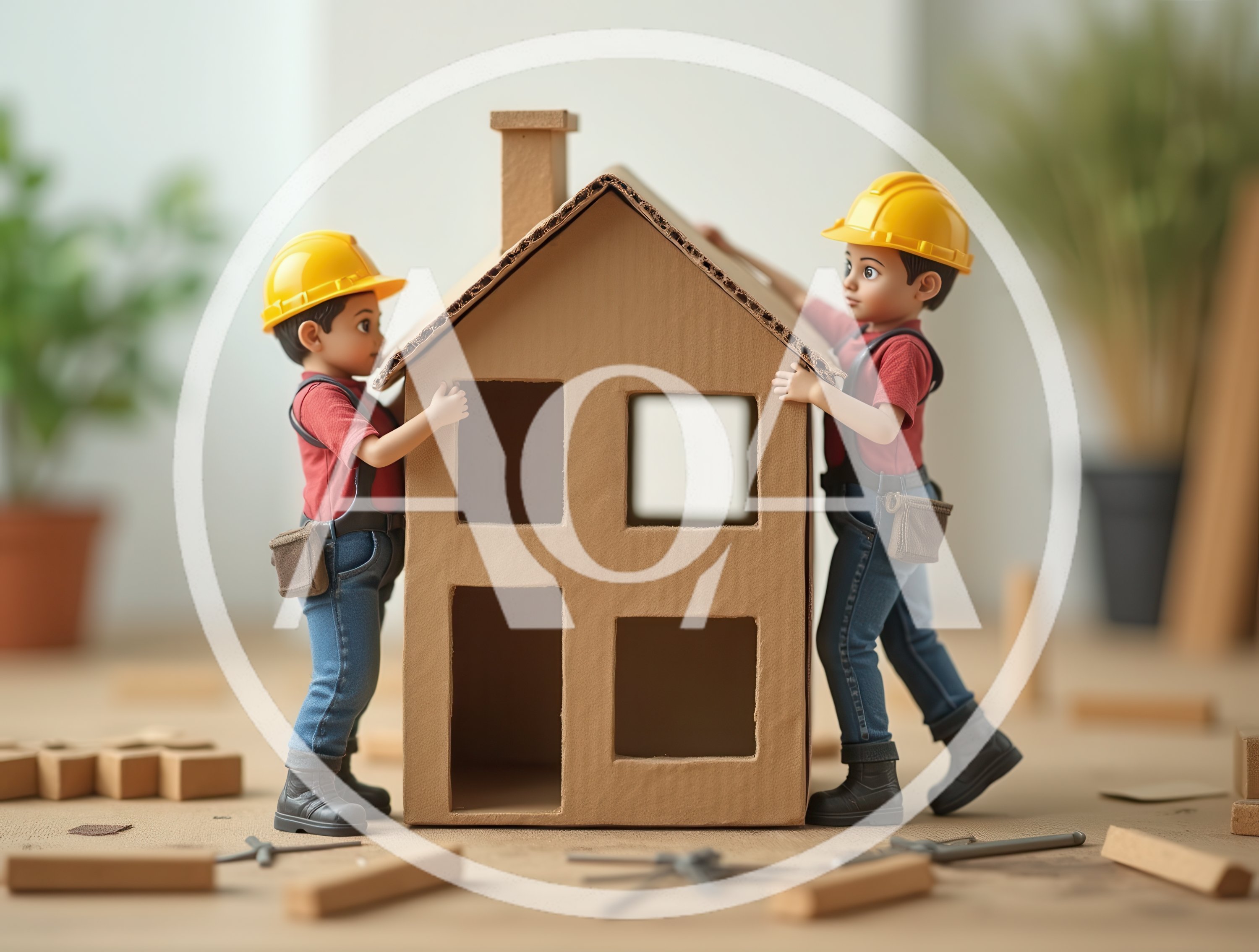 Two Cartoon Construction Workers Building A Cardboard House