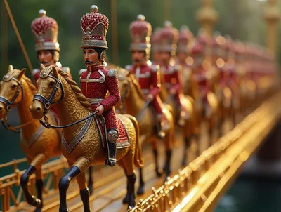 Miniature Toy Soldiers Riding Golden Horses on Bridge