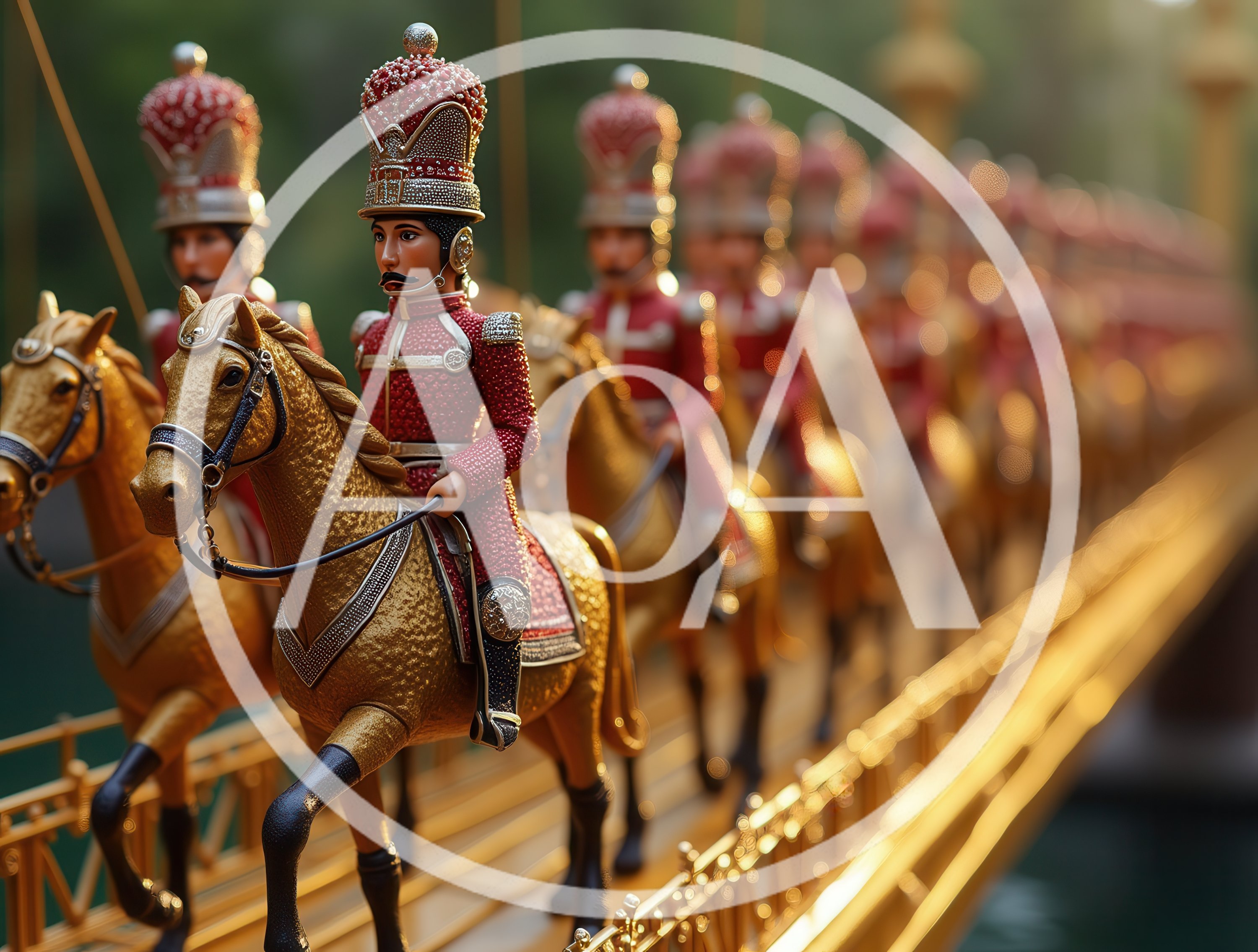 Miniature Toy Soldiers Riding Golden Horses on Bridge
