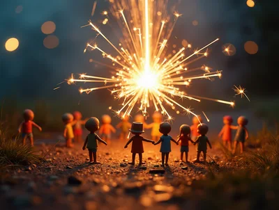 Group of Small Figurines Watching a Bright Sparkler