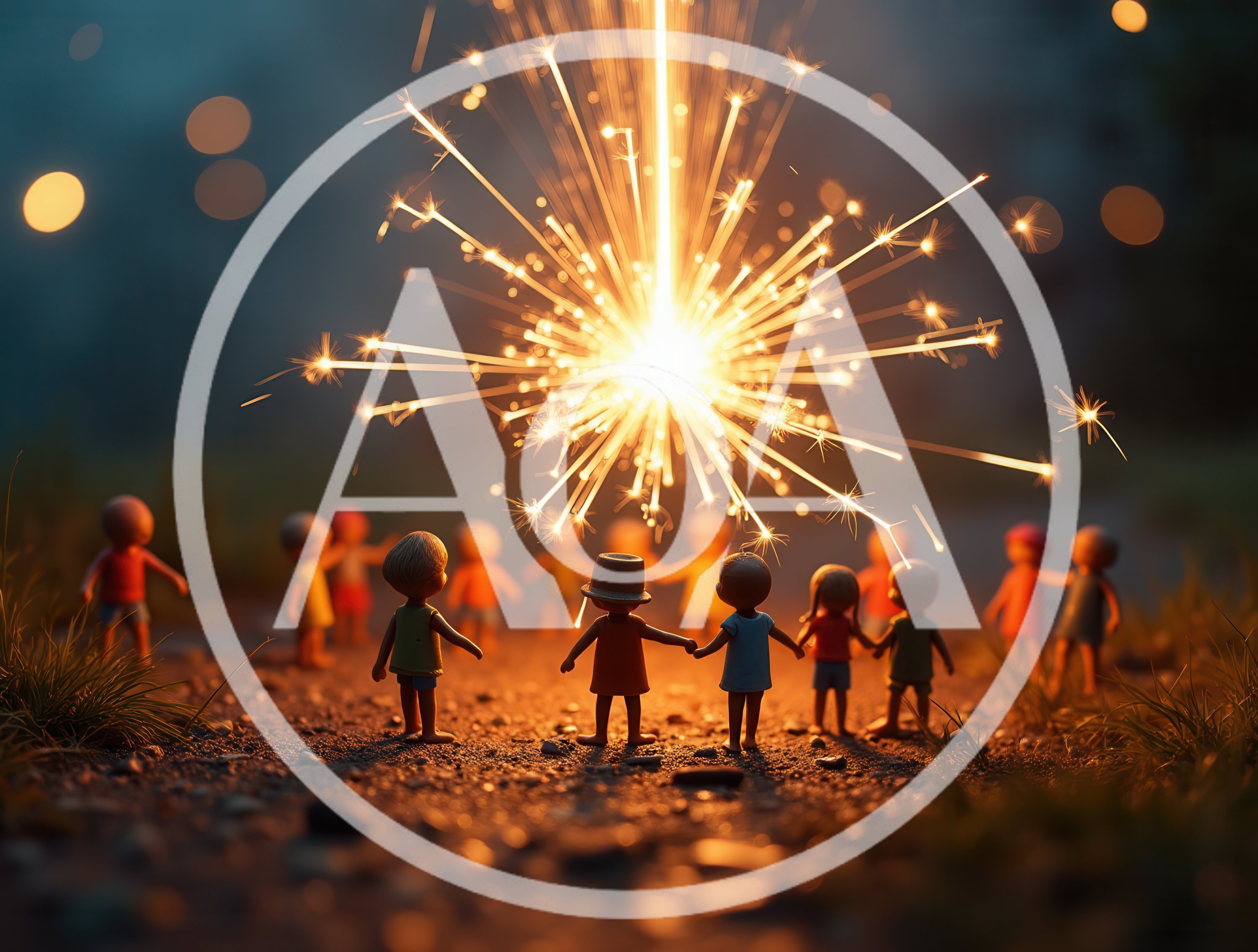 Group of Small Figurines Watching a Bright Sparkler