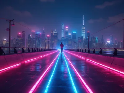 Man Running Along Neon Lit Bridge Towards City Skyline
