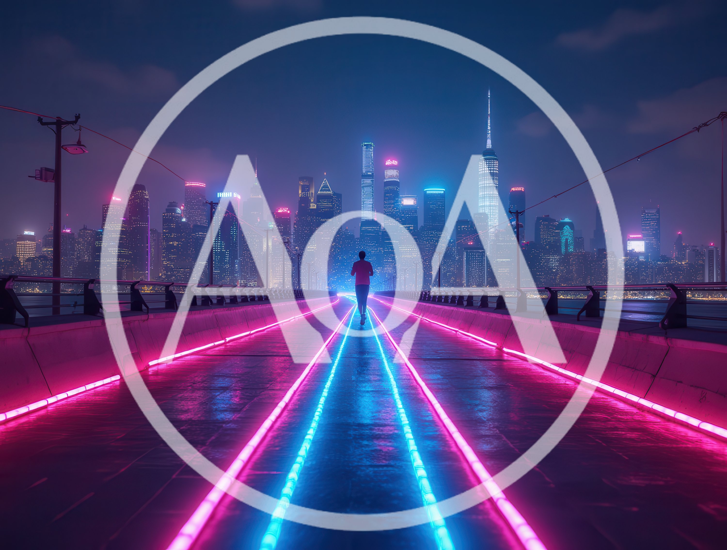 Man Running Along Neon Lit Bridge Towards City Skyline
