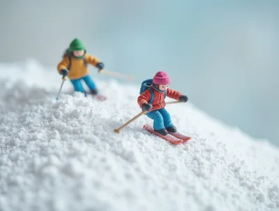 Miniature Figurines Skiing Down A Snowy Hill