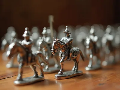Miniature Silver Cavalry Figurines Arranged On Wooden Surface