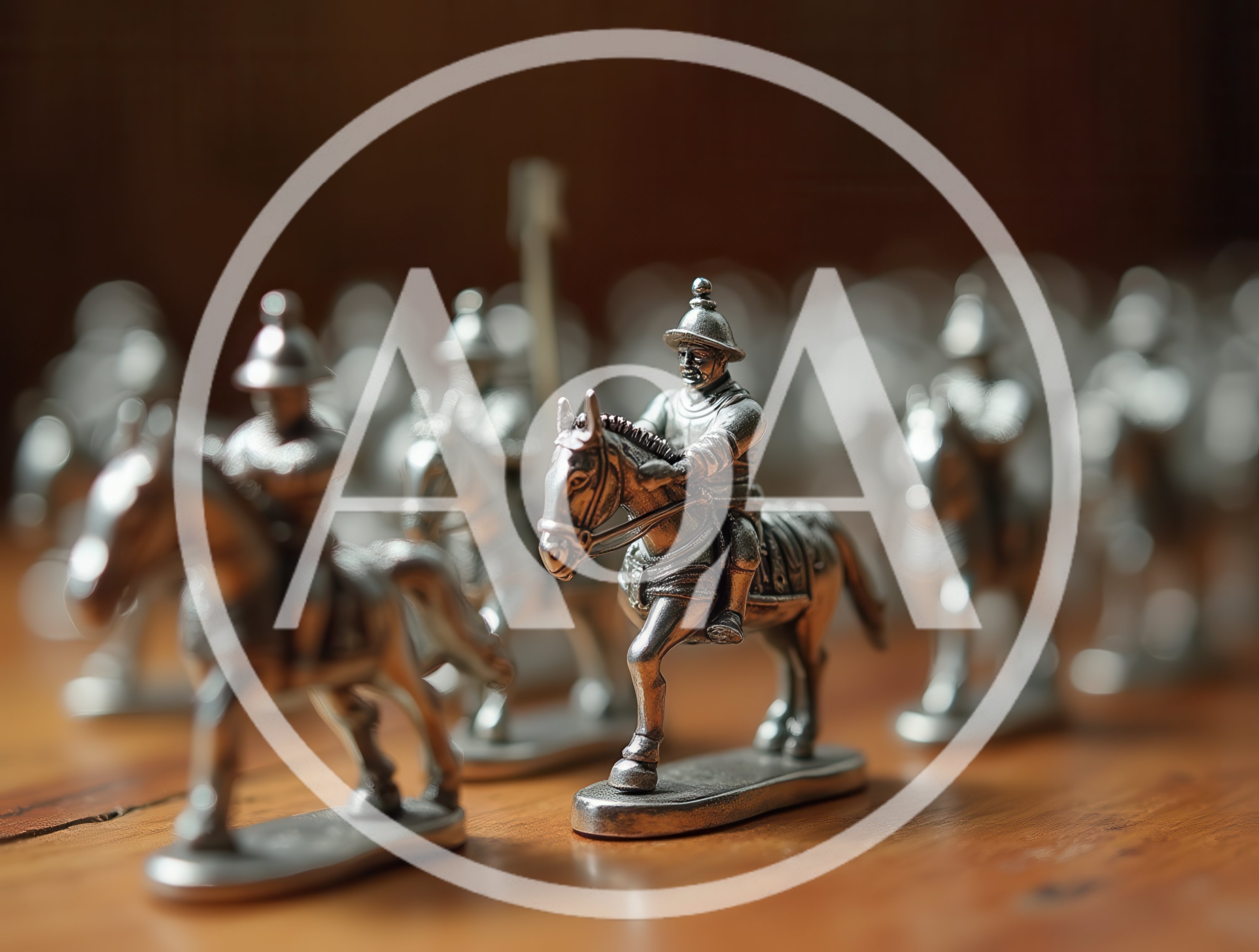 Miniature Silver Cavalry Figurines Arranged On Wooden Surface