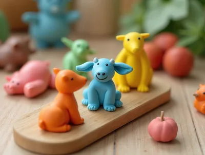 Colorful Clay Animal Figurines On A Wooden Board