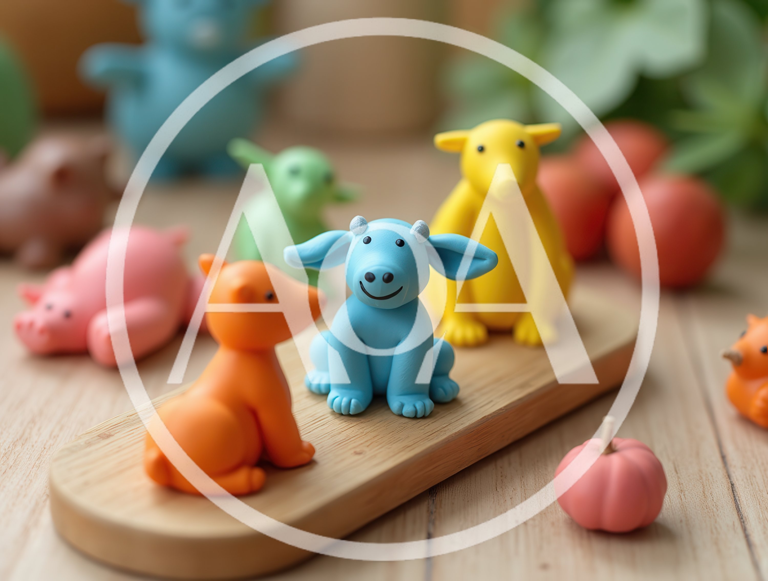 Colorful Clay Animal Figurines On A Wooden Board