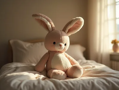 Plush Rabbit Toy Sitting On A Bed