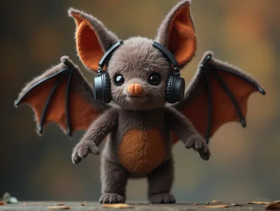 Cute Fluffy Bat Wearing Headphones