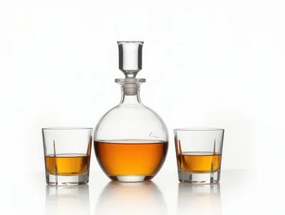 Whiskey Decanter and Two Glasses on White Background