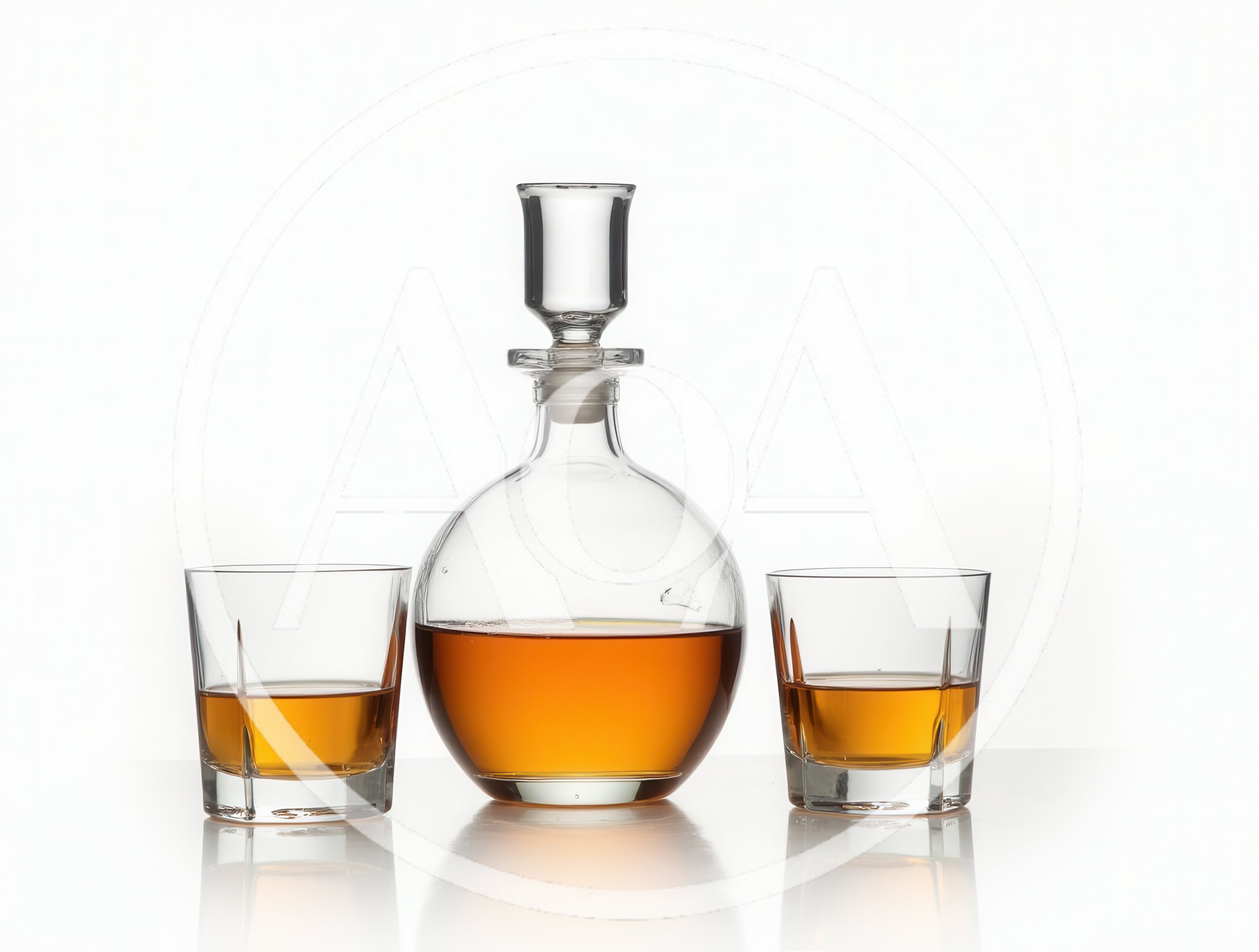 Whiskey Decanter and Two Glasses on White Background