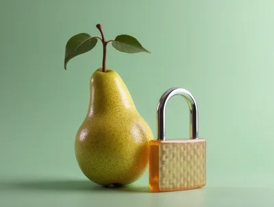 A Fresh Pear Beside A Transparent Padlock