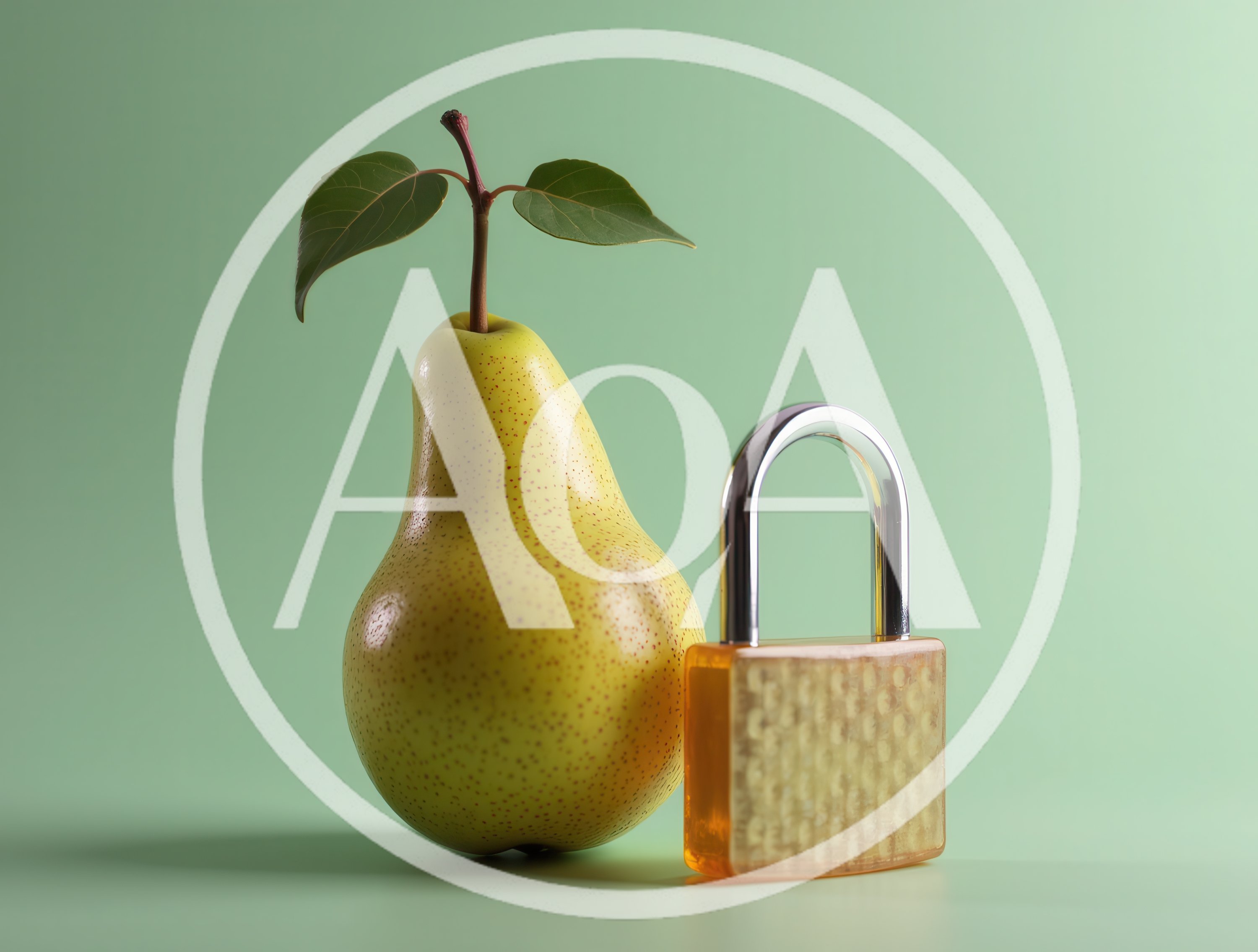 A Fresh Pear Beside A Transparent Padlock