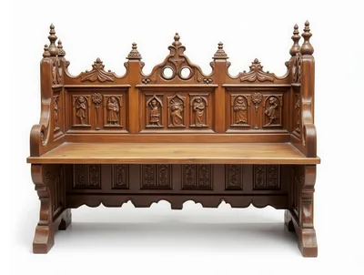 Ornate Gothic Revival Wooden Bench With Intricate Carvings