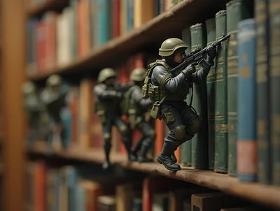 Toy Soldiers Tactical Maneuver On Library Bookshelf
