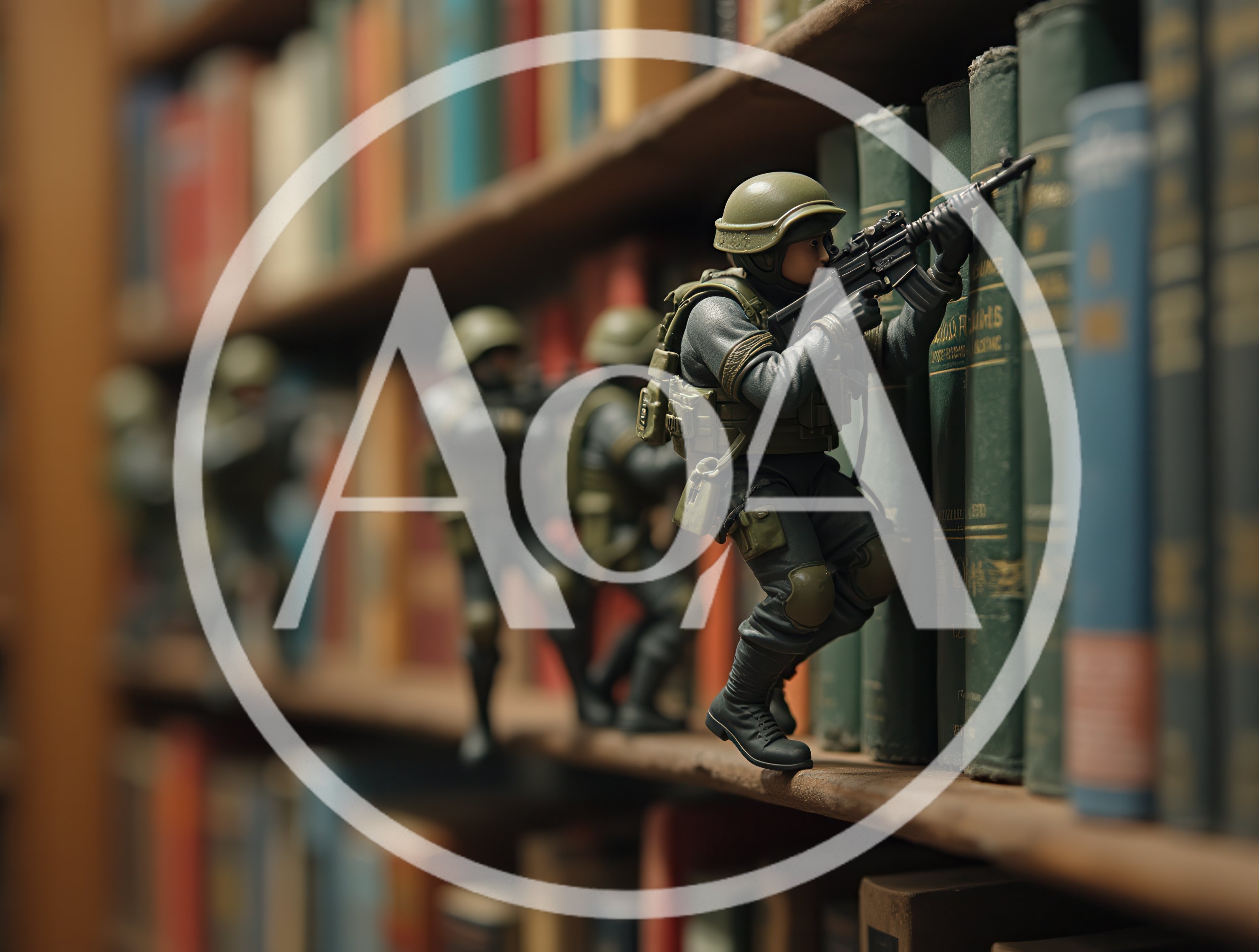 Toy Soldiers Tactical Maneuver On Library Bookshelf