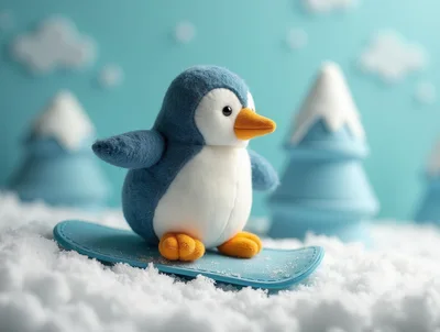 Plush Penguin Toy Snowboarding on Snowy Landscape