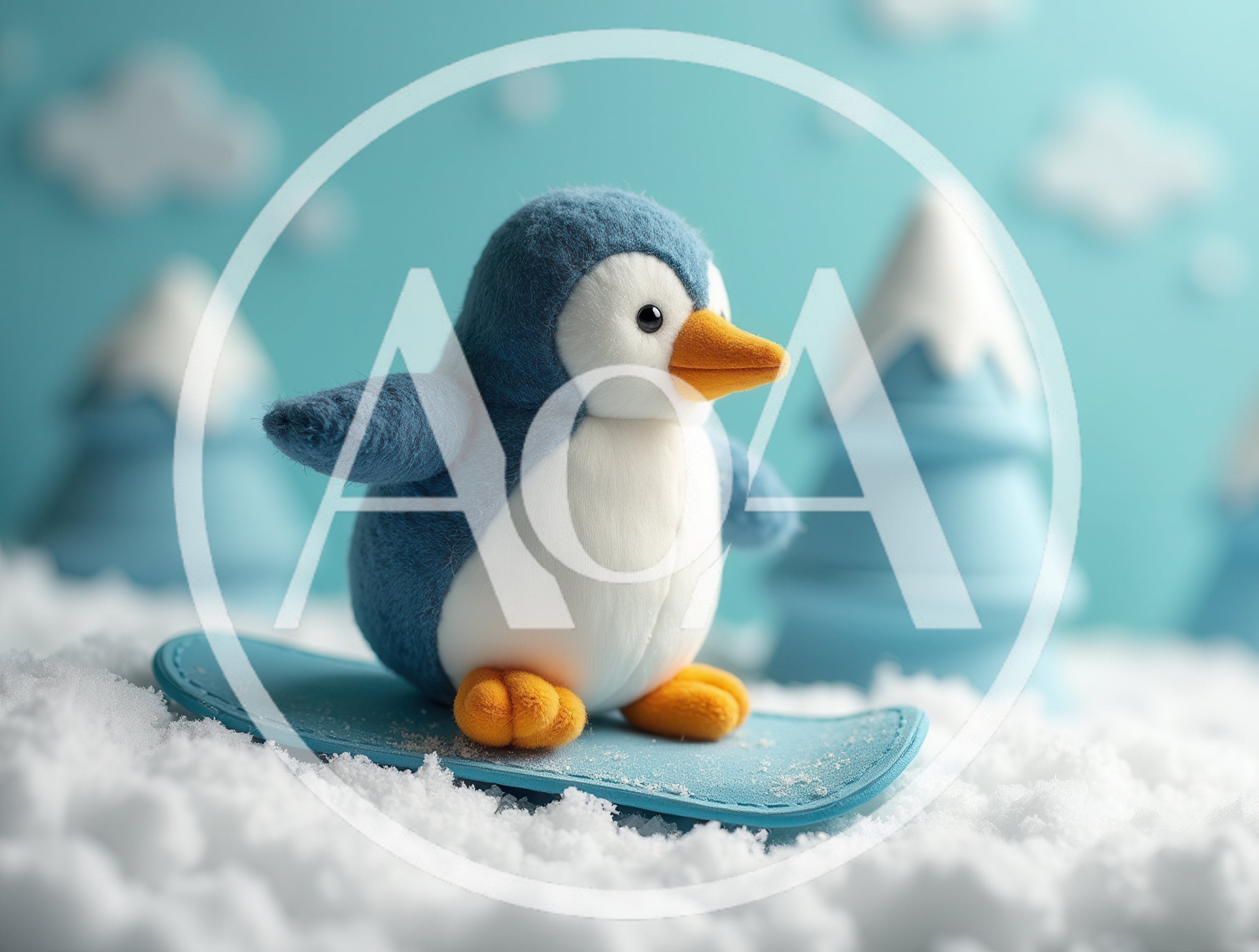 Plush Penguin Toy Snowboarding on Snowy Landscape