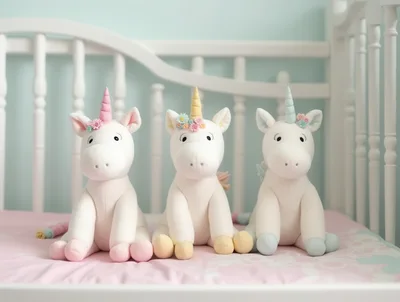 Three Plush Unicorn Toys Sitting In A Crib