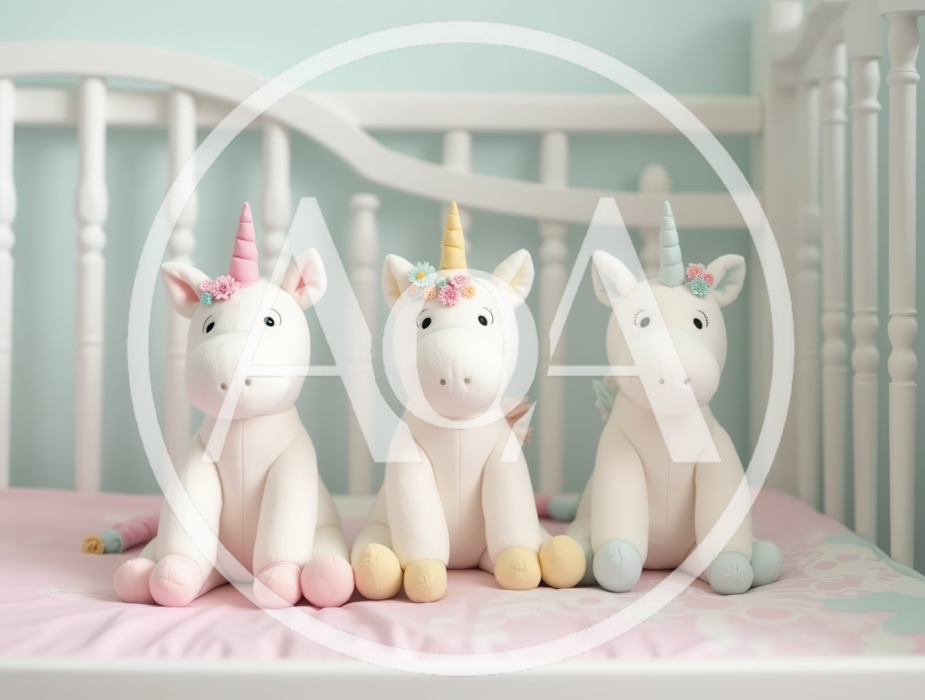 Three Plush Unicorn Toys Sitting In A Crib