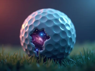Surreal Golf Ball Containing A Galaxy In The Grass
