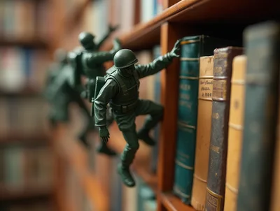Toy Soldiers Climbing Bookshelf In Library