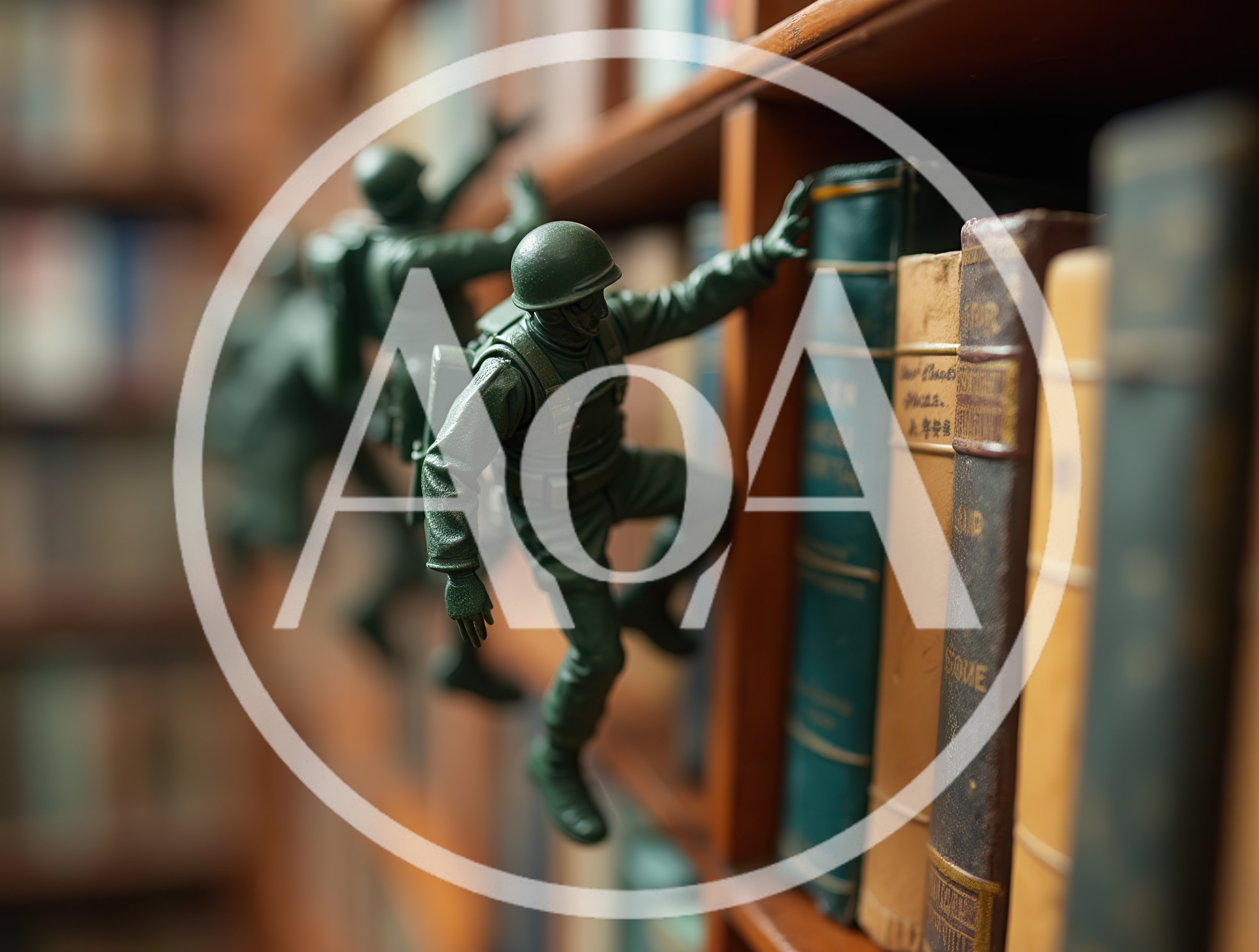 Toy Soldiers Climbing Bookshelf In Library