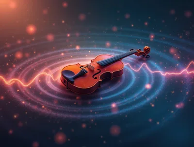 Violin Floating Amidst Glowing Cosmic Sound Waves