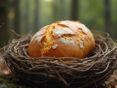 Fresh Loaf Of Bread Resting In A Bird Nest