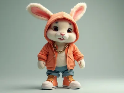 Cute Anthropomorphic Rabbit Wearing Orange Hoodie And Gold Chain