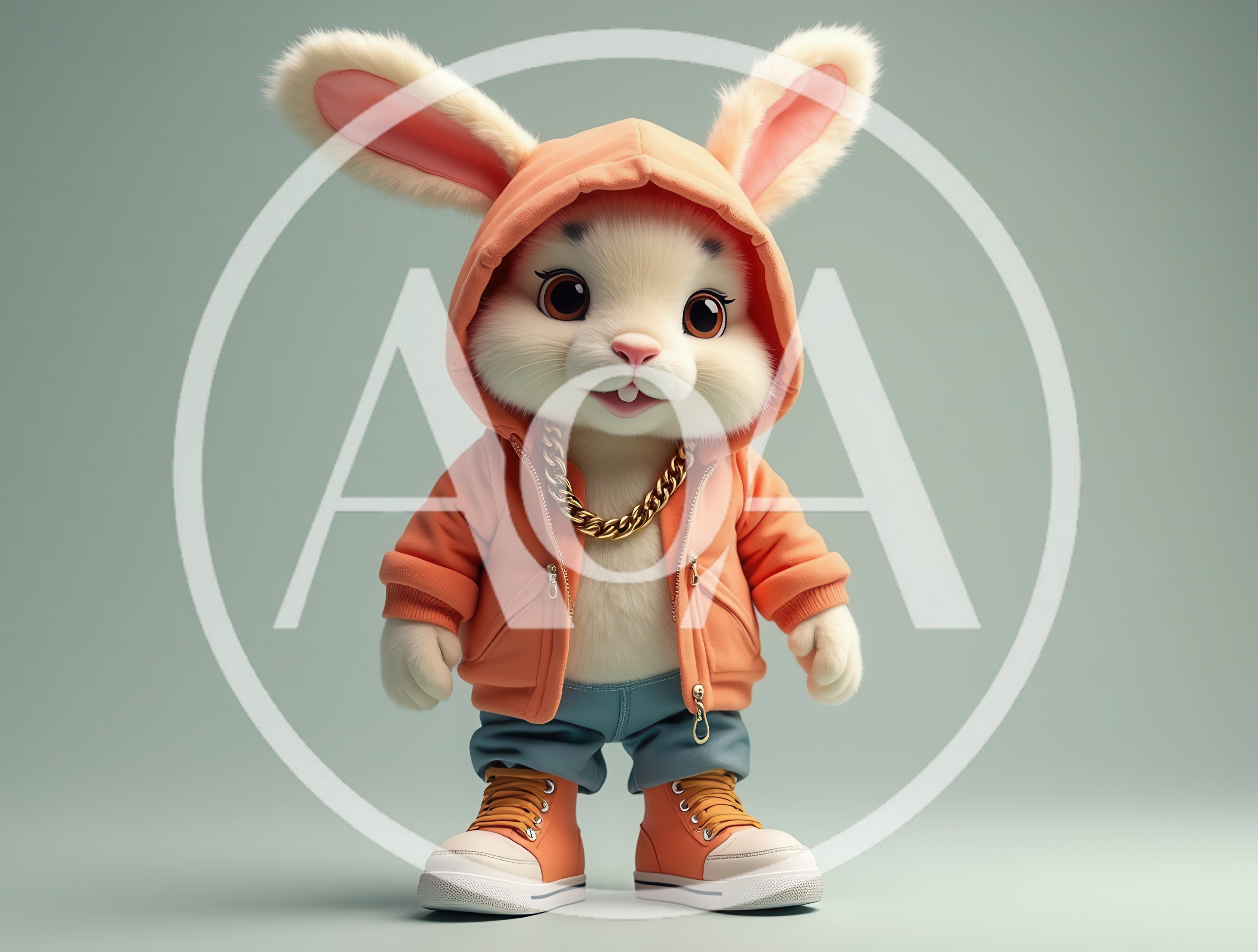 Cute Anthropomorphic Rabbit Wearing Orange Hoodie And Gold Chain