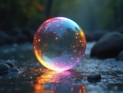 Glowing Magical Sphere Resting On A Shallow Riverbed