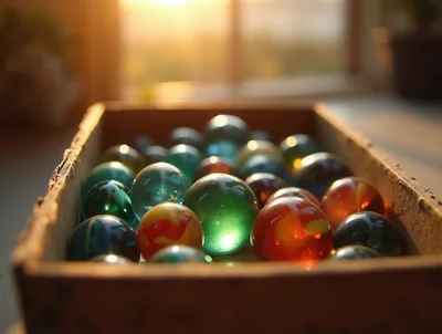 Collection Of Colorful Glass Marbles In A Wooden Box