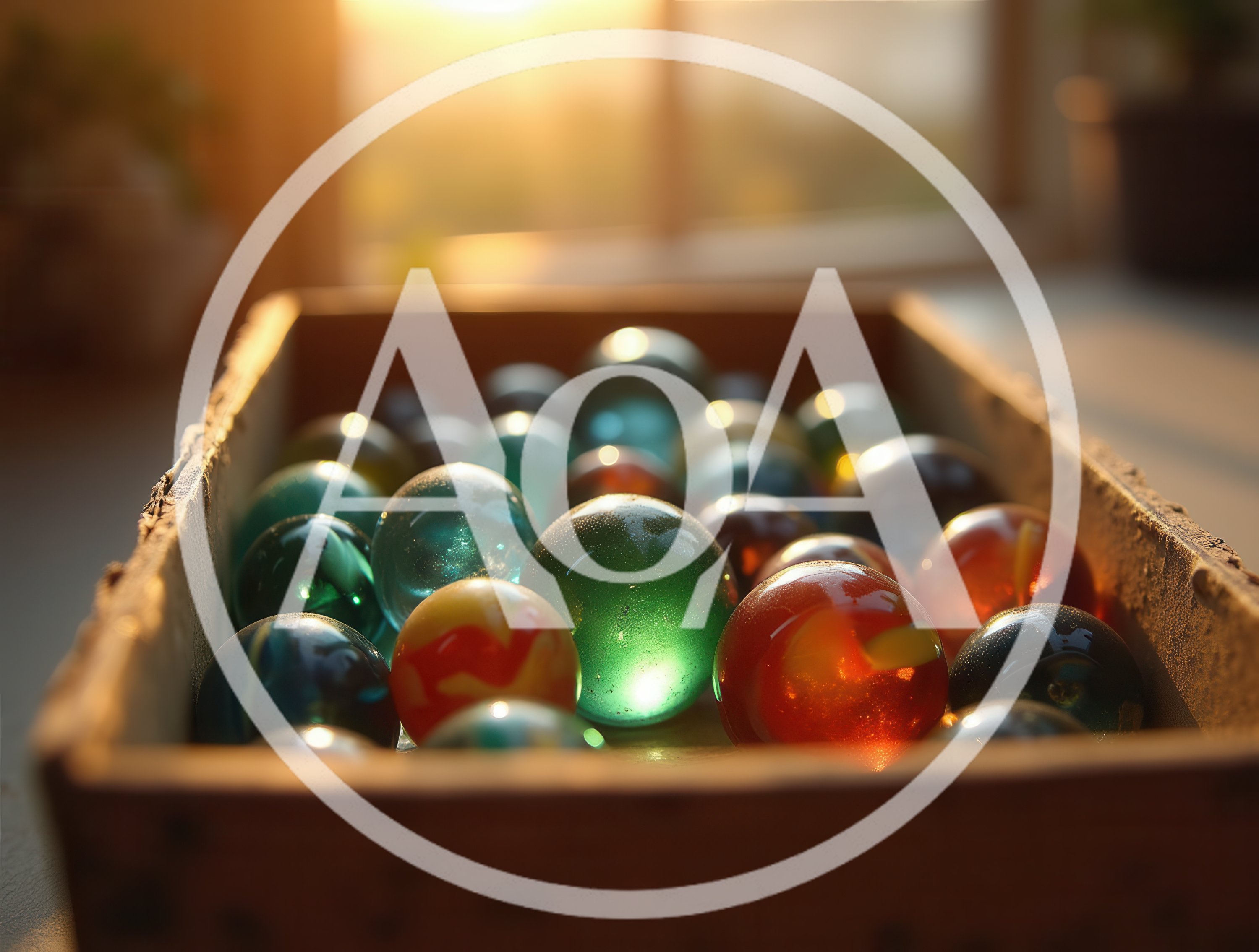 Collection Of Colorful Glass Marbles In A Wooden Box
