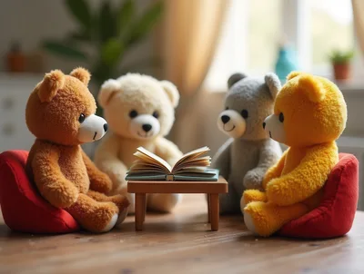 Four Teddy Bears Sitting Around A Small Table Reading