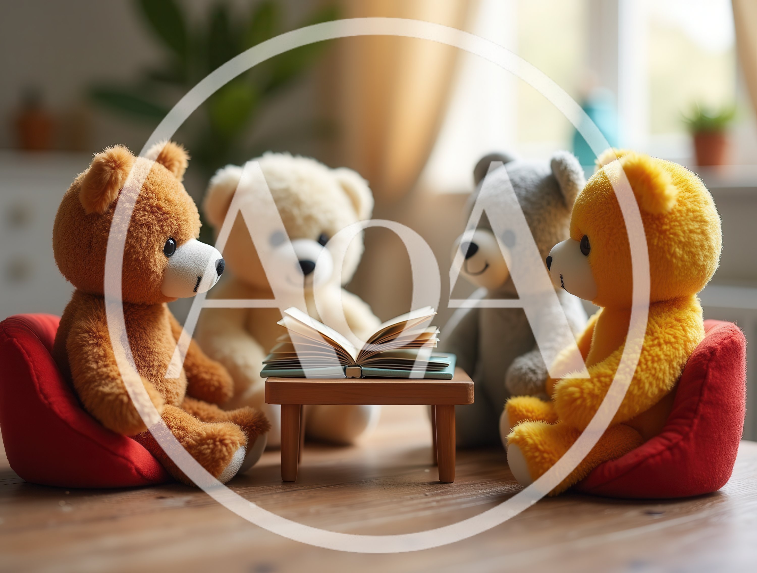 Four Teddy Bears Sitting Around A Small Table Reading