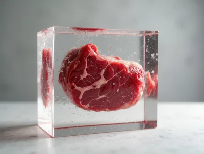 Raw Beef Steak Suspended Inside A Clear Resin Cube