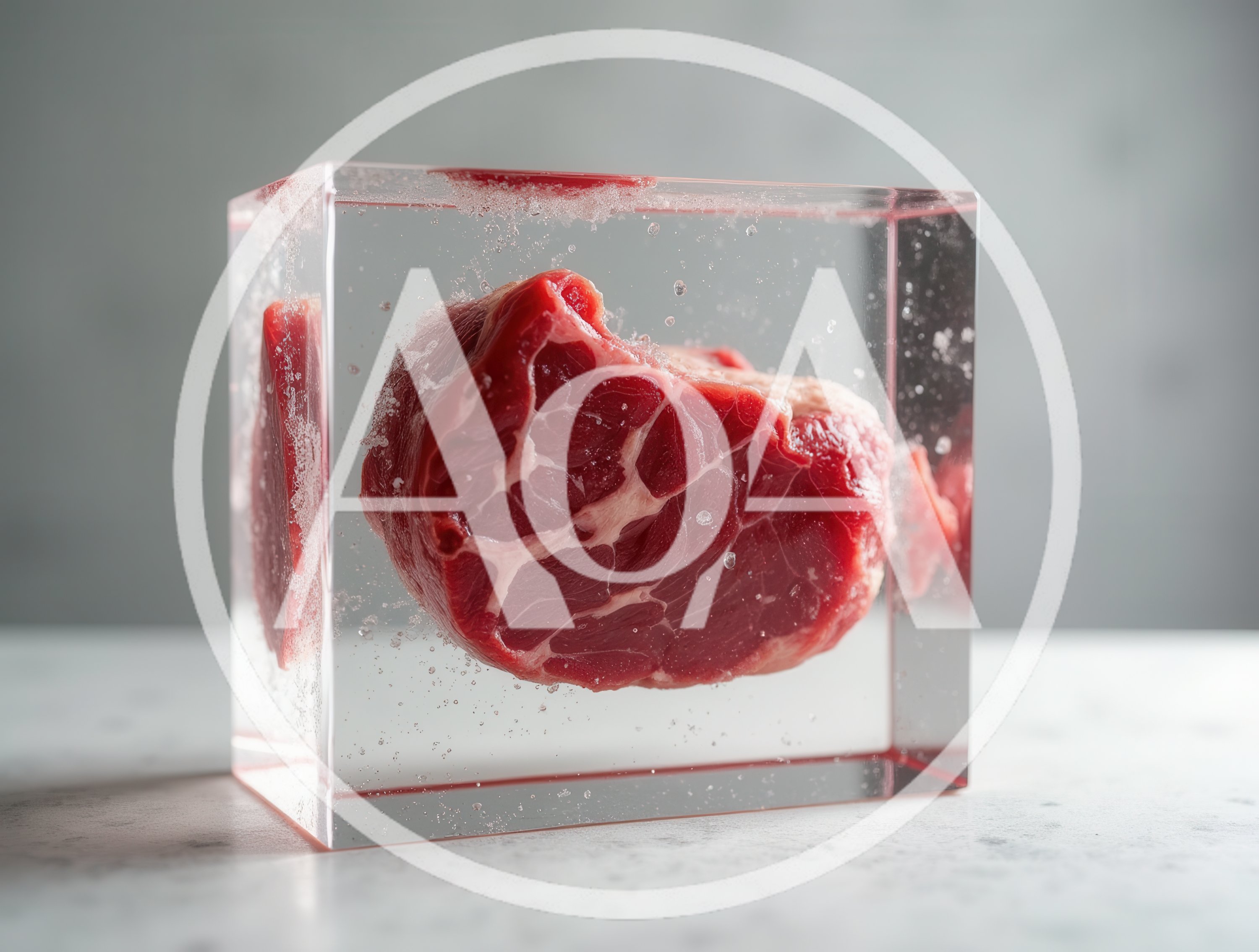 Raw Beef Steak Suspended Inside A Clear Resin Cube