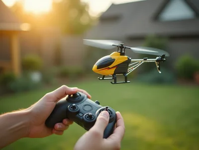 Person Operating Remote Controlled Helicopter In Backyard
