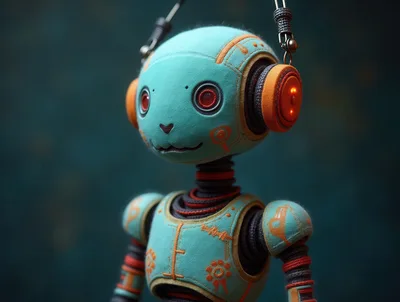 Cute Teal Robot With Orange Headphones