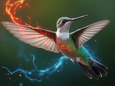 Hummingbird Flying With Magical Fire And Energy Trails