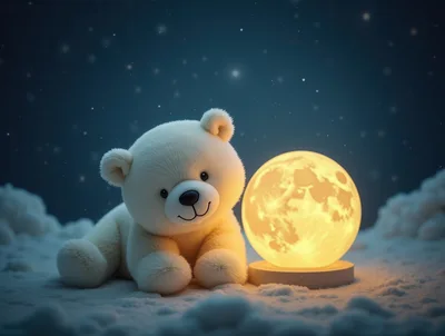 Cute Polar Bear Cub Beside Glowing Moon Lamp