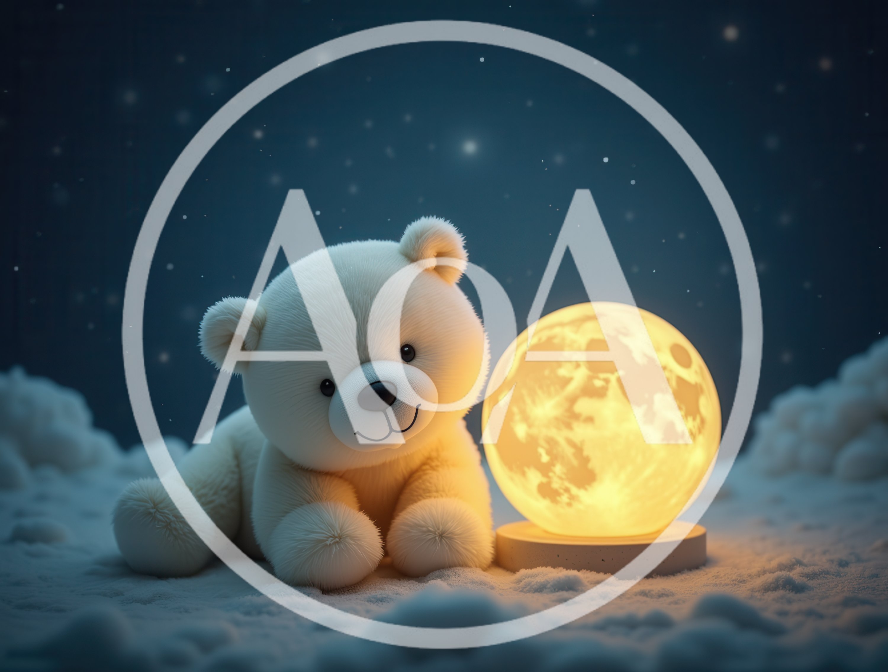 Cute Polar Bear Cub Beside Glowing Moon Lamp