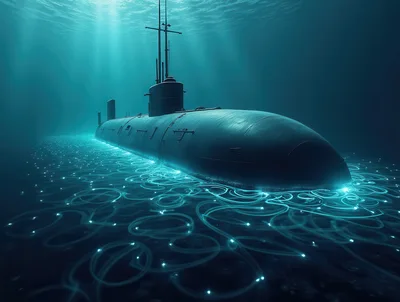Submarine Navigating Through Bioluminescent Deep Sea Waters