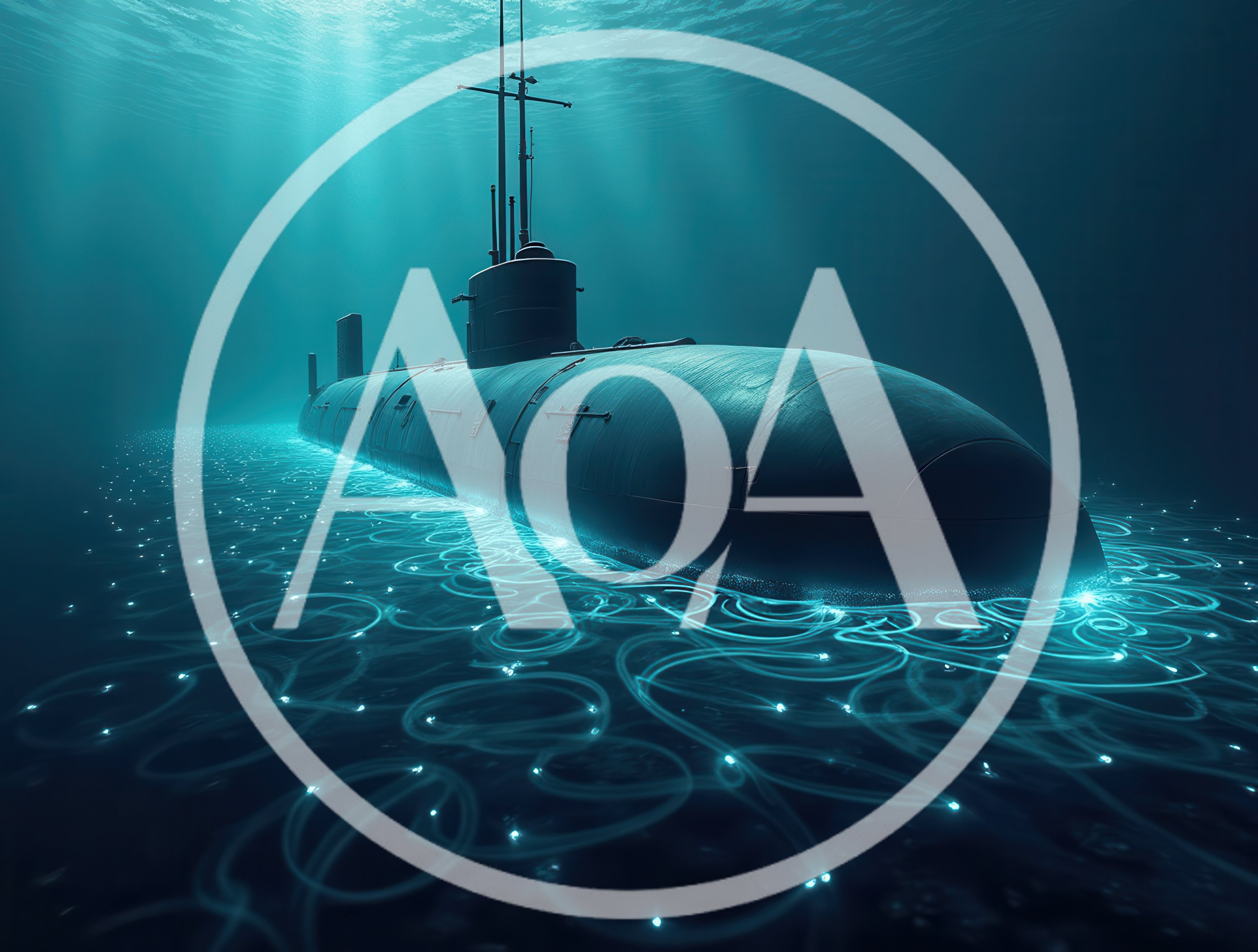 Submarine Navigating Through Bioluminescent Deep Sea Waters