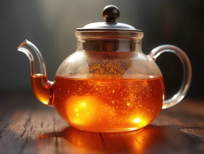 Glass Teapot Filled With Glowing Amber Tea