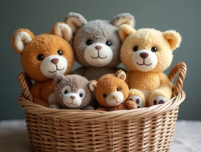 Five Cute Teddy Bears Sitting In A Wicker Basket