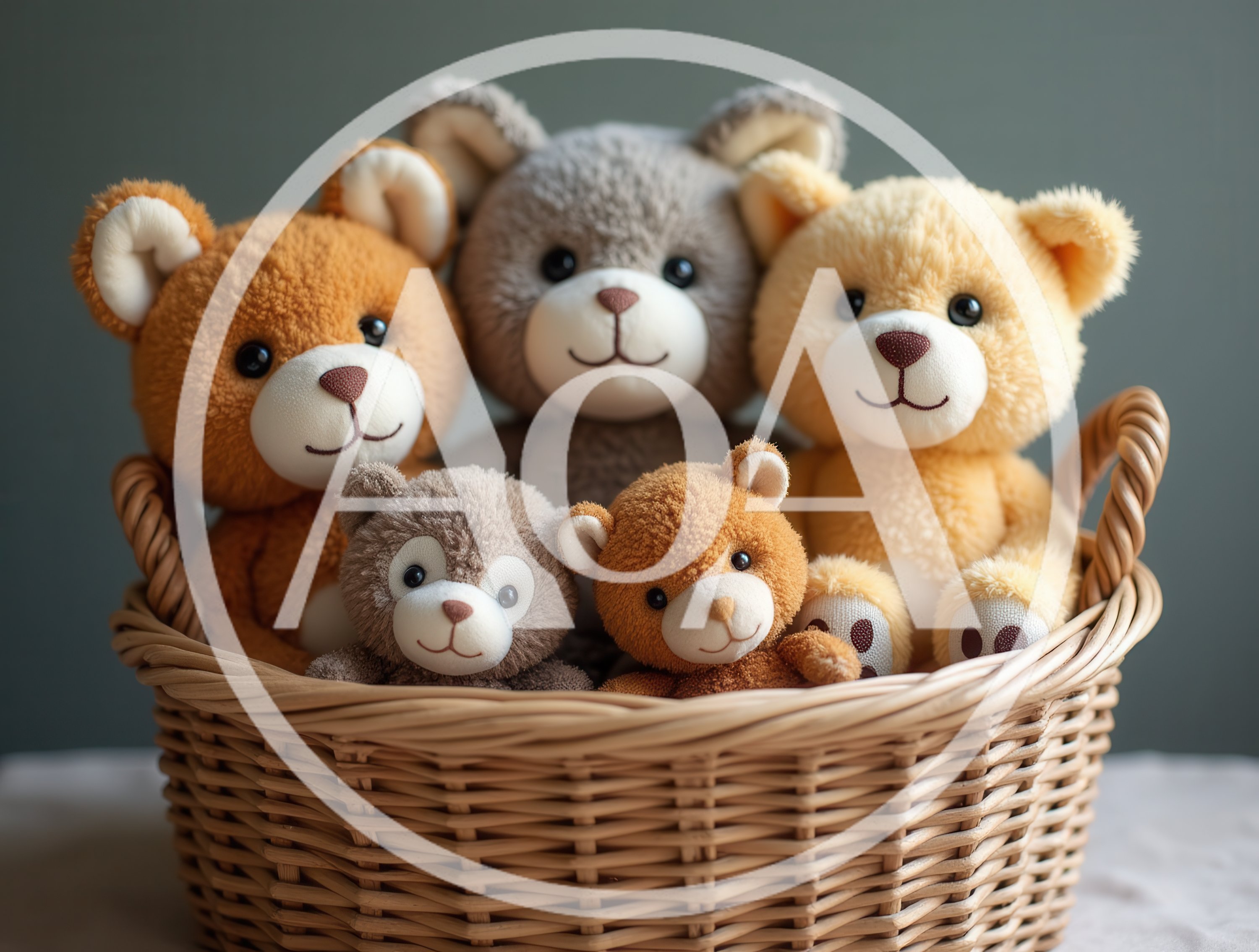 Five Cute Teddy Bears Sitting In A Wicker Basket