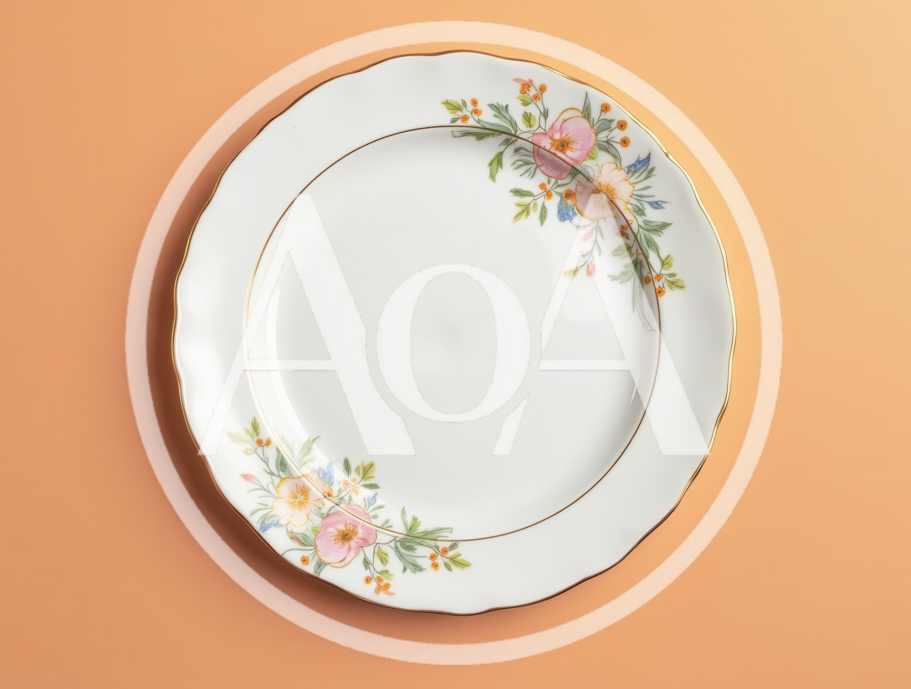 Elegant Floral Porcelain Dinner Plate on Peach Background